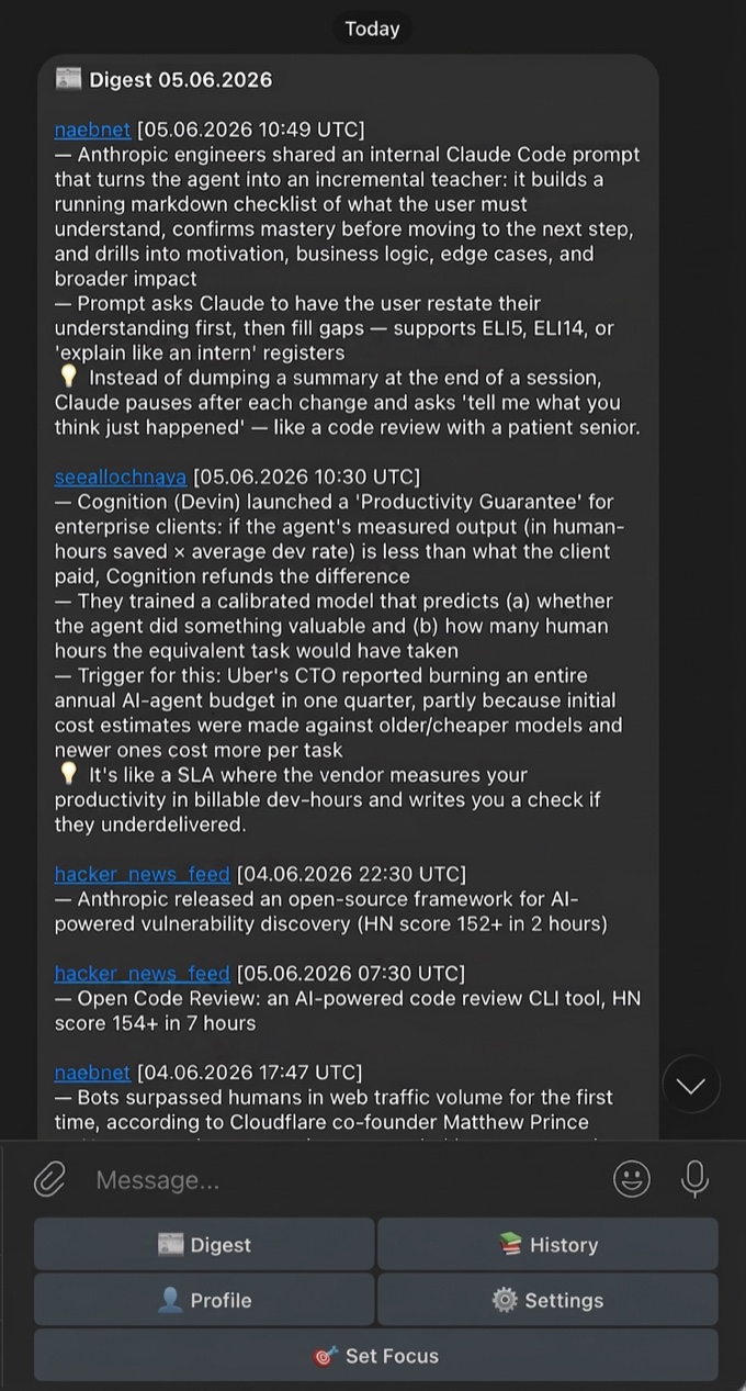 Top of a daily digest — source-attributed bullets with inline insights.