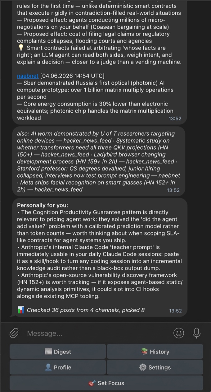 Tail one-liners, a 'Personally for you' section, and a receipt of posts checked.